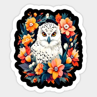 Cute Snowy Owl Surrounded by Bold Vibrant Spring Flowers Sticker